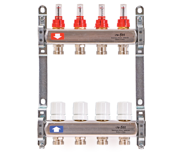 Коллекторная группа 1" Uni-Fitt 450Bнерж. сталь 2 выхода 3/4" с расходомерами и термостатическими вентилями без концевиков