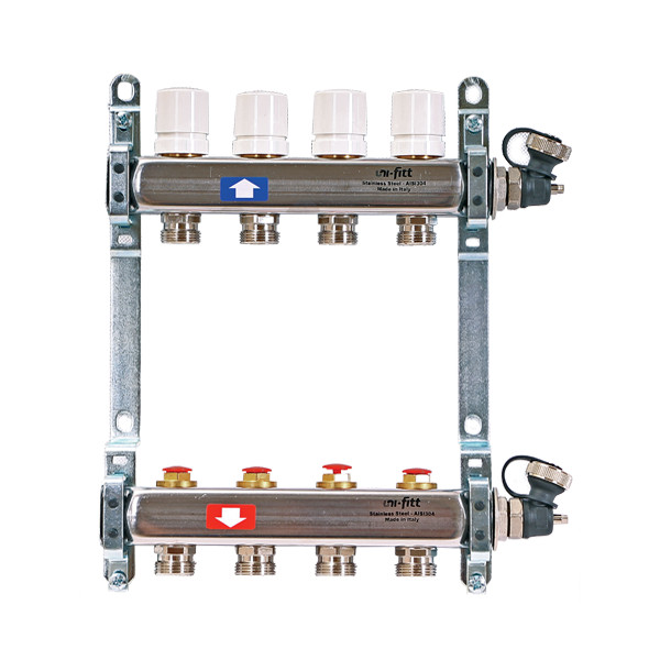 Коллекторная группа 1" Uni-Fitt 451I нерж. сталь 4 выхода 3/4" с балансировочными и термостатическими вентилями