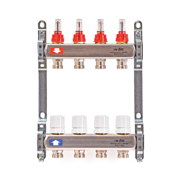 Коллекторная группа 1" Uni-Fitt 450Bнерж. сталь 10 выходов 3/4" с расходомерами и термостатическими вентилями без концевиков