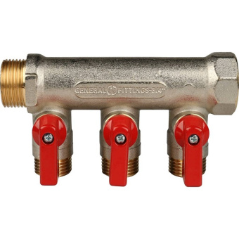 STOUT Коллектор с шаровыми кранами 3/4", 3 отвода 1/2" (красные ручки)