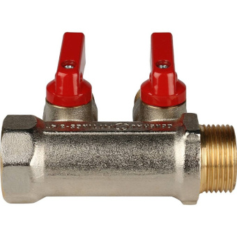 STOUT Коллектор с шаровыми кранами 3/4", 2 отвода 1/2" (красные ручки)