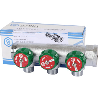 STOUT SMB-6849-341203 STOUT Коллектор регулирующий 3/4", 3 отвода 1/2" плоское уплотнение