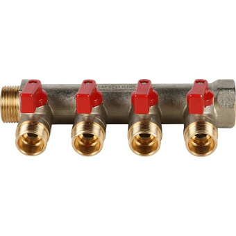 STOUT Коллектор с шаровыми кранами 3/4", 4 отвода 1/2" (красные ручки)