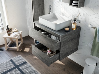 Тумба с раковиной STWORKI Карлстад 75 дуб рошелье, роверелла, с отверстием для смесителя в столешнице