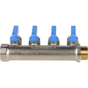 STOUT Коллектор с шаровыми кранами 3/4", 4 отвода 1/2" (синие ручки)
