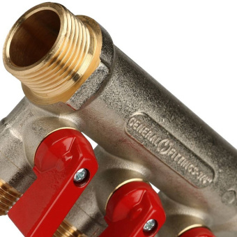 STOUT Коллектор с шаровыми кранами 3/4", 3 отвода 1/2" (красные ручки)