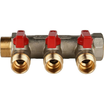 STOUT Коллектор с шаровыми кранами 3/4", 3 отвода 1/2" (красные ручки)