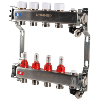 Коллектор с расходомерами, с клапаном, сливом, 4 выхода