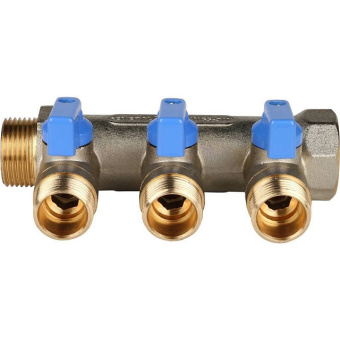 STOUT Коллектор с шаровыми кранами 3/4", 3 отвода 1/2" (синие ручки)