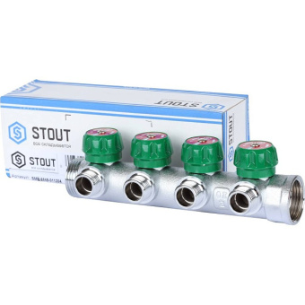 STOUT SMB-6849-011204 STOUT Коллектор регулирующий 1", 4 отвода 1/2" плоское уплотнение