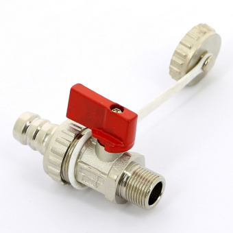 Кран шаровой сливной UNI-FITT НН 3/8" x 3/4" со штуцером и заглушкой, флажок красный металл, никелированный