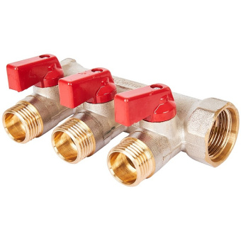 STOUT SMB 6210 341203 STOUT Коллектор с шаровыми кранами 3/4", 3 отвода 1/2" (красные ручки)