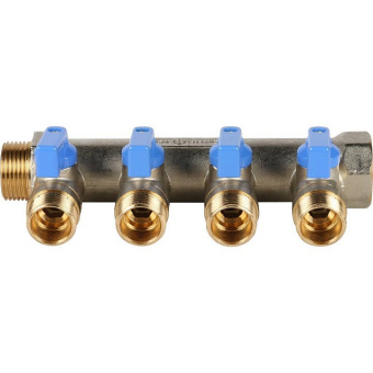 STOUT Коллектор с шаровыми кранами 3/4", 4 отвода 1/2" (синие ручки)