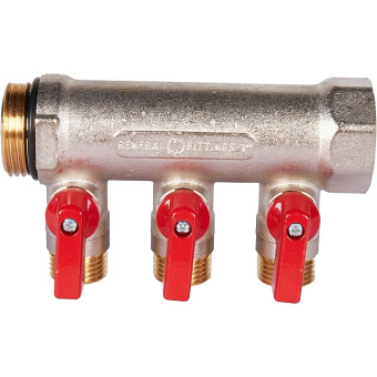 STOUT SMB 6210 011203 STOUT Коллектор с шаровыми кранами 1", 3 отвода 1/2" (красные ручки)