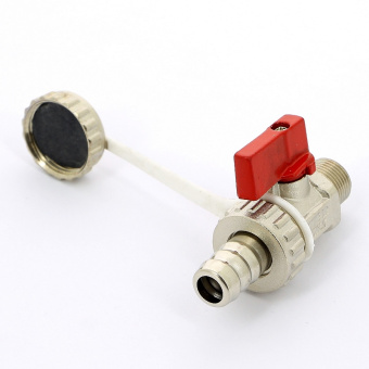 Кран шаровой сливной UNI-FITT НН 3/8" x 3/4" со штуцером и заглушкой, флажок красный металл, никелированный