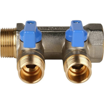 STOUT Коллектор с шаровыми кранами 3/4", 2 отвода 1/2" (синие ручки)