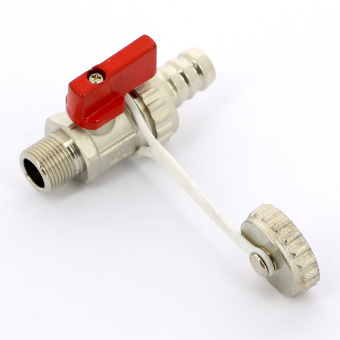 Кран шаровой сливной UNI-FITT НН 3/8" x 3/4" со штуцером и заглушкой, флажок красный металл, никелированный