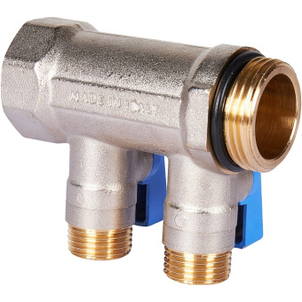STOUT SMB 6211 011202 STOUT Коллектор с шаровыми кранами 1", 2 отвода 1/2" (синие ручки)