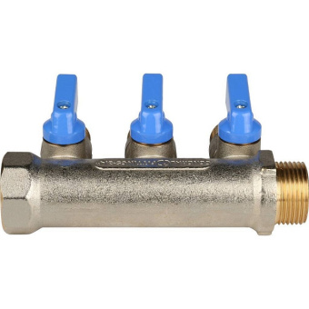 STOUT Коллектор с шаровыми кранами 3/4", 3 отвода 1/2" (синие ручки)